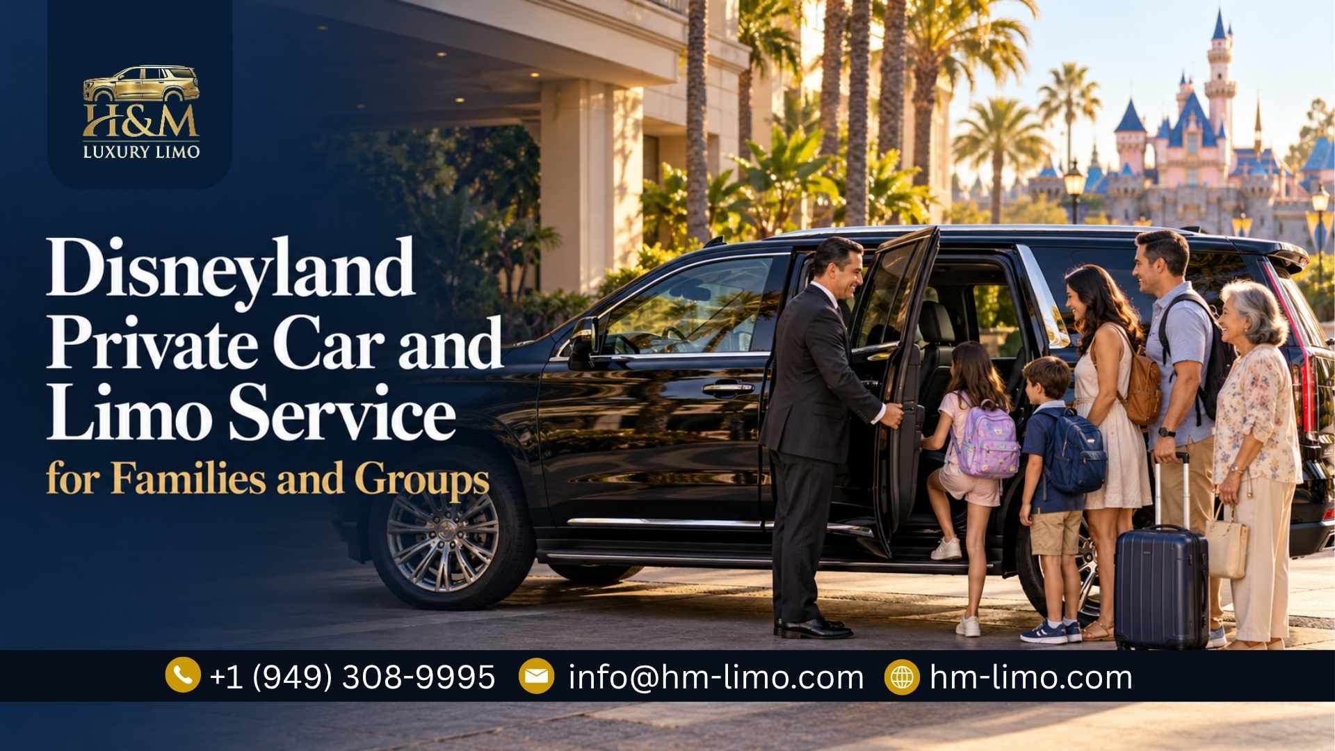 disneyland-private-car-limo-service-families-groups-hm-luxury-limo.jpg Chauffeur holding a black SUV’s rear passenger door open for a family on a Disneyland trip.