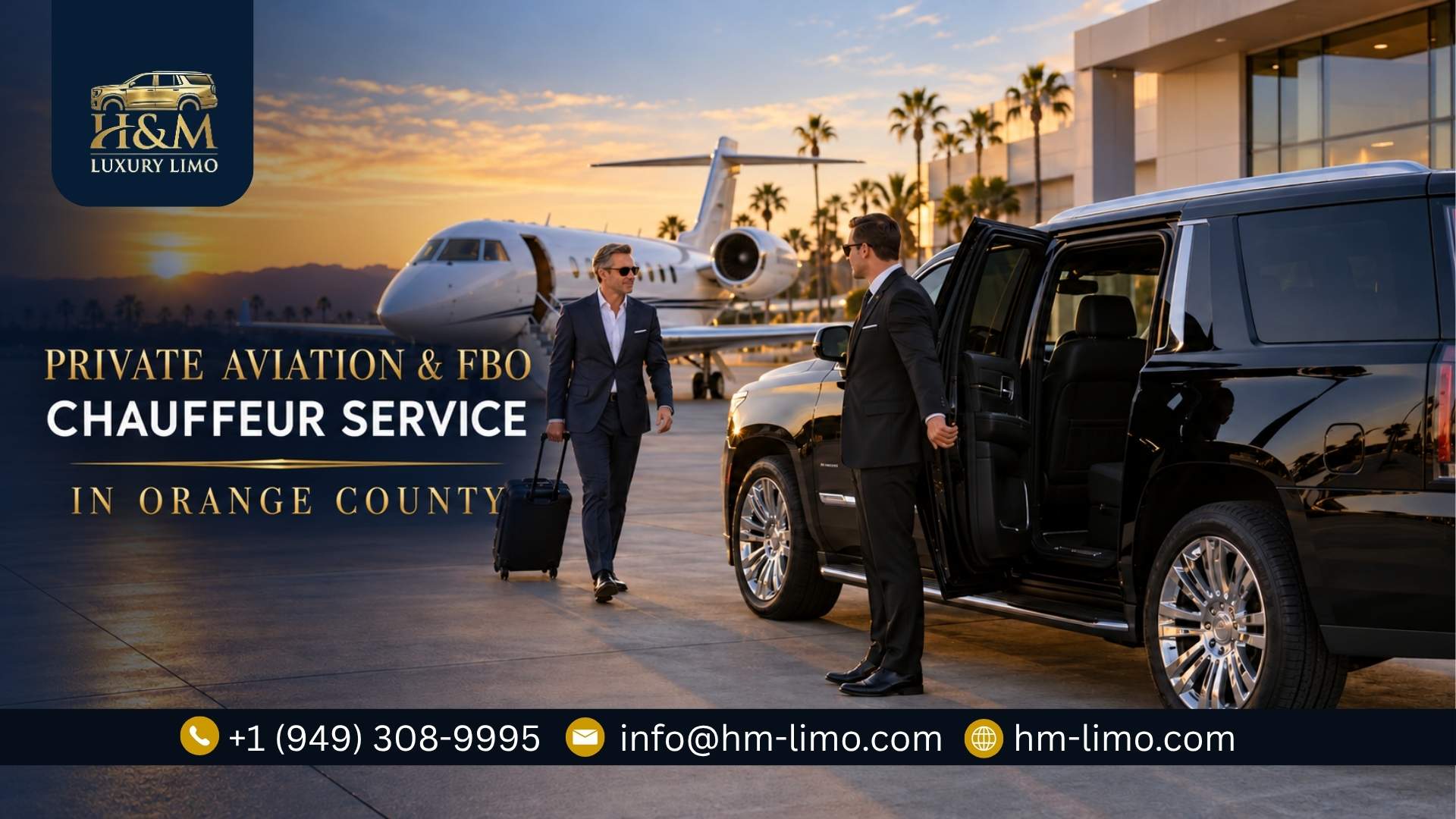 Private Aviation and FBO Chauffeur Service in Orange County Private aviation and FBO chauffeur service in Orange County with a professional chauffeur opening a luxury SUV door